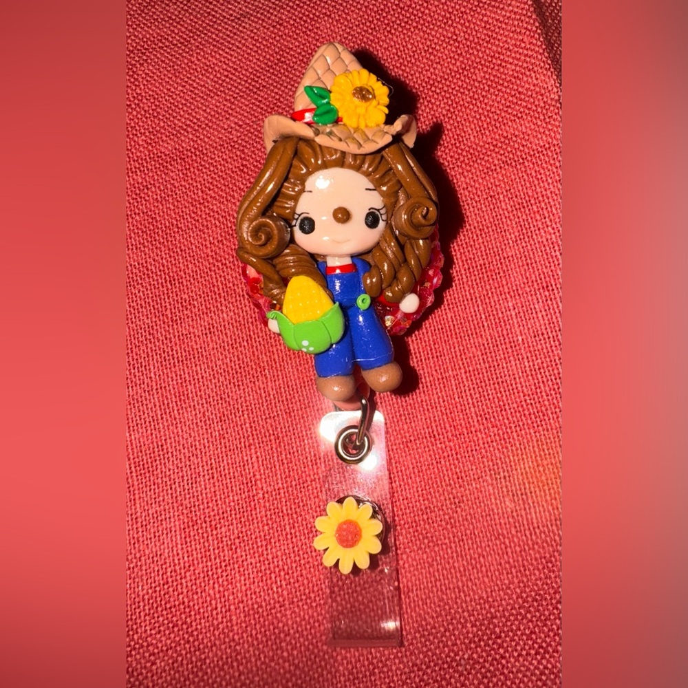 Charming Doll Keychain with Blue Overalls and Brown Hair